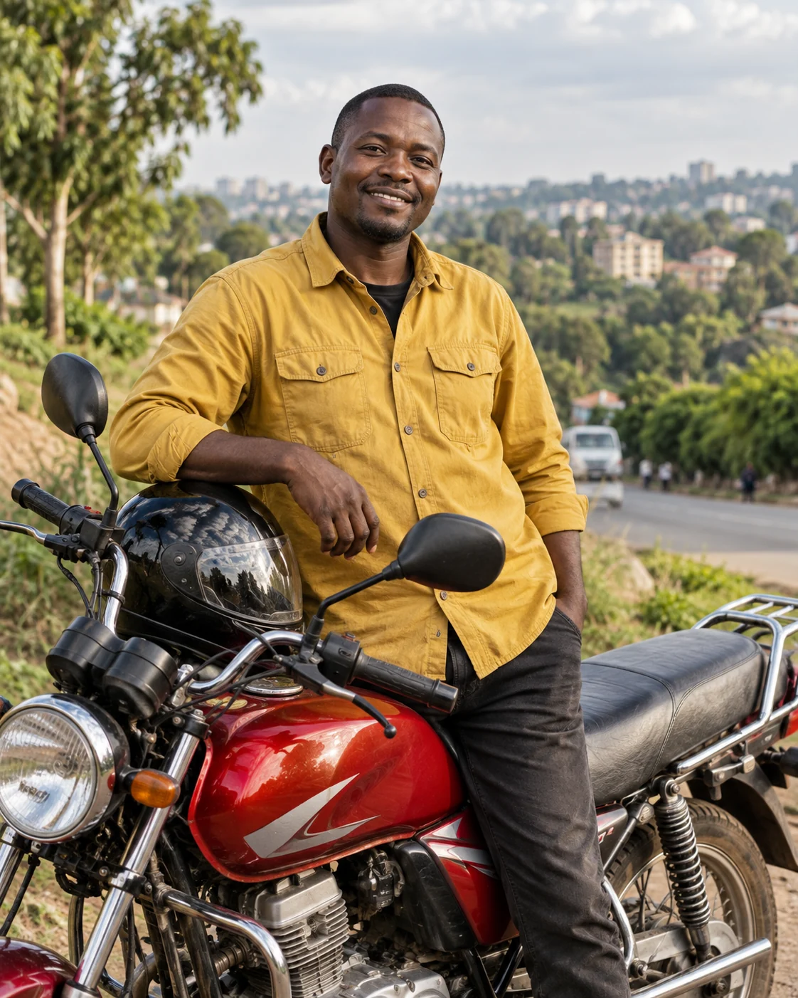A Kenyan motorcycle rider standing beside a red commuter motorcycle